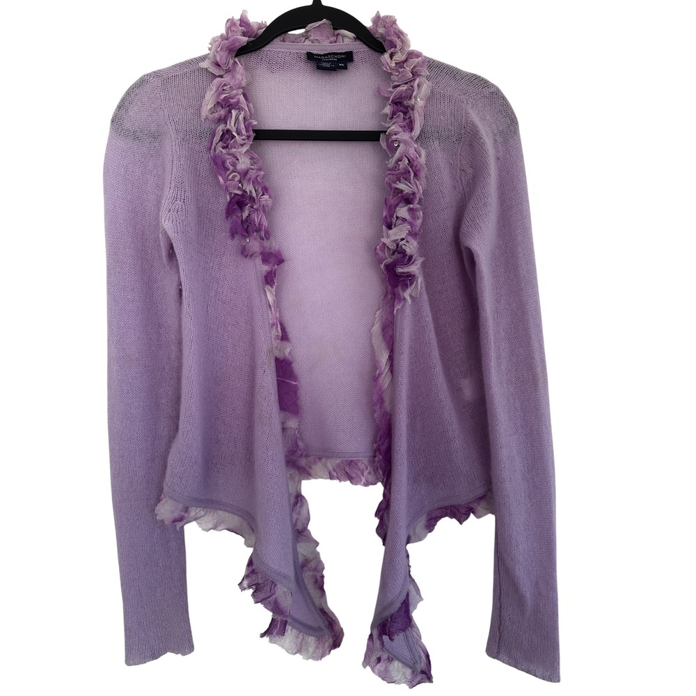 Magaschoni Cashmere Silk Ruffle Sequin Cardigan Lavender Purple XS Open Front